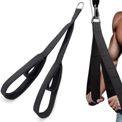 Produktbild von Unyqoos® Verstellbares Trizepsseil – ergonomisches Zugseil für Krafttraining, Neoprenschaum-Griffe, robustes Streifenmaterial, 74 cm & 58 cm