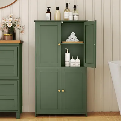 Produktbild von VASAGLE Badschrank mit 4 Türen, Badezimmerschrank mit höhenverstellbaren Einlegeböden, Shaker-Stil, grün