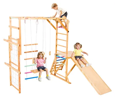 Image de Aire de jeux intérieure VEVOR Structure d'escalade (8 en 1) en bois, ensemble de jouets d'escalade Montessori supportant une charge de 100 kg avec balançoires/structure d'escalade/toboggans/échelle en bois/échelle de corde/filet à grimper/perche
