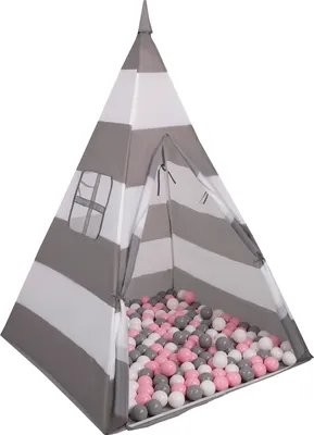 Produktbild von Selonis Tipi Spielzelt Mit 400 Bälle 6 Cm zelt Für Kinder, Grau-Weiße Streifen:Weiß/Grau/Puderrosa