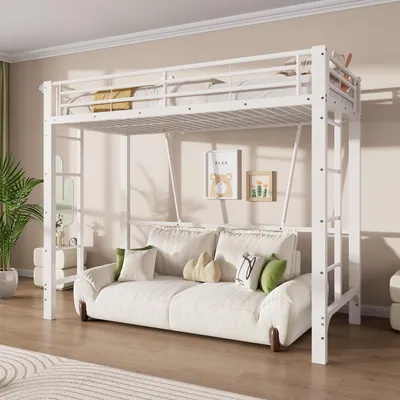 Zdjęcie produktu dla Łóżko piętrowe 90x200 cm z 2 schodkami, metalowe łóżko piętrowe z barierami ochronnymi, łóżko dziecięce/młodzieżowe z elastycznym stelażem, białe łóżko piętrowe