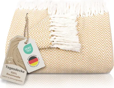 Produktbild von Gräfenstayn Premium Tagesdecke mit Fransen - 100% Baumwolle 220 x 240 cm Fischgrätenmuster Sommerdecke Baumwolldecke als Bett-Überwurf,