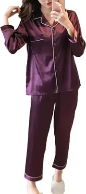 Produktbild von 2Pcs Frauen Herbst einfarbig imitiert Seide Langarm Shirt Hose Pyjama Set||Lila||L