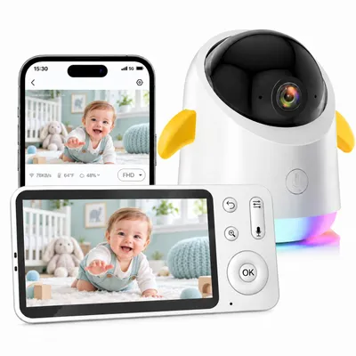 Productafbeelding van Babyfoon met camera en app, 2K, 3MP, 5-inch scherm, Wi-Fi, 355° pan-tilt-zoom, 4x zoom, nachtzicht, bewegingsdetectie, detectie van huilgeluiden, tweewegs audio