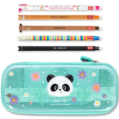 Produktbild von LEGAMI WonderWow Federmäppchen & radierbarer Stift | Set mit 5 niedlichen Tierstiften mit thermosensitiver Tinte + Federmäppchen mit 2 Fächern (Panda)
