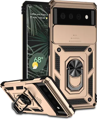 Image de Étui pour Google Pixel 6 étui double couche avec couvercle coulissant pour appareil photo et support annulaire Or