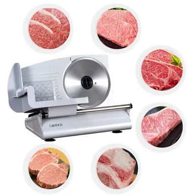 Produktbild von Allesschneider elektrisch Ø190 mm, Fleisch-, Brot- & Käseschneider, Schnittstärke 0–15 mm, mit Fingerschutz & rutschfesten Saugfüßen