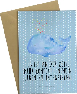 Produktbild von Mr. & Mrs. Panda Grußkarte Wal Konfetti - Blau Pastell - Geschenk, Trennung, Meer, Wale, Motivation, Geburtstag, Grußkarten, osterkarten, Abnehmen, einladungskarten