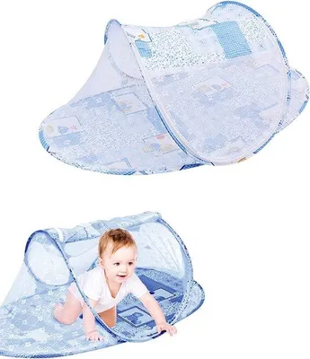 Imagen del producto de Cuna de viaje plegable para bebés Unyqoos® con mosquitera, autoportante, con cremallera, de poliéster y acero, color azul, dimensiones 108 x 60 x 38 cm, para bebés de 0 a 3 años