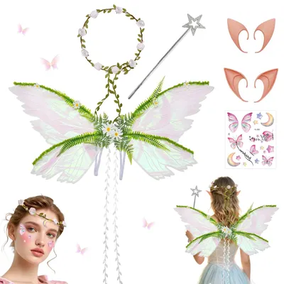 Feenflügel-Set mit Zauberstab, Elfenohren & Kranz, 90x38 cm