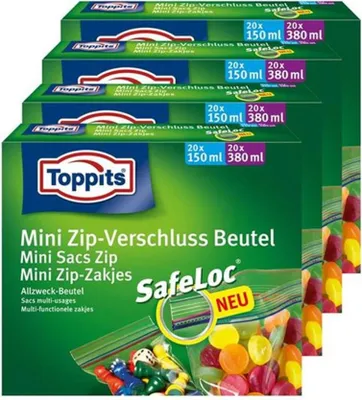 Produktbild von Toppits Mini Zip-Verschluss Beutel 20x150ml und 20x380ml mit SafeLoc (4er Pack)
