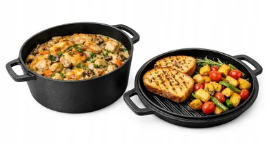 Produktbild von Gusseiserner Bräter 26 cm mit Deckel/Grillpfanne – 4,8L – 2-in-1 Dutch Oven – Geeignet für Induktion, Backofen und Gas – Schwarz