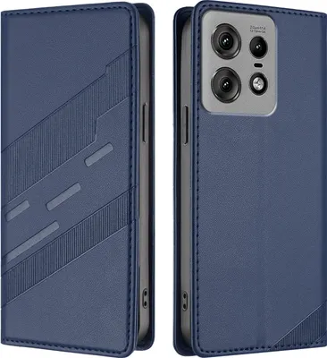 A blue flip case for a smartphone is shown from two angles, open and closed.