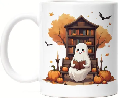 Produktbild von Tasse Weiß Geist mit Buch Bibliothek Kürbis Herbst Motiv