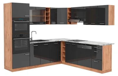 Produktbild von Eckküche Vicco R-Line Anthrazit Hochglanz/Goldkraft Eiche 247 x 237 cm, AP Marmor, Model 42975