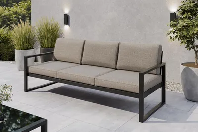 Produktbild von Margaret Hadas24 Gartensofa 3 Sitzer Outdoor Madera Lounge Couch Terrasse wetterfest Balkonmöbel Sitzbank mit Lehne, Gartenmöbel schwarz, graubeige