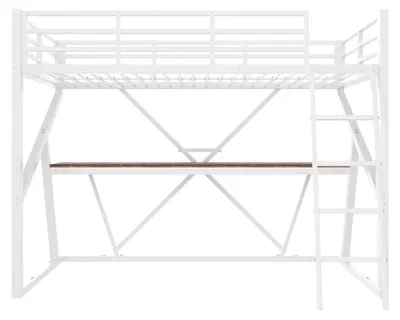 Zdjęcie produktu dla Łóżko piętrowe - metalowe, 90 x 200 cm - listwa LED - barierka ochronna - schodki - biurko - bez materaca - białe