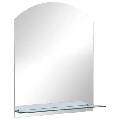 A studio shot of a mirror with a shelf.
