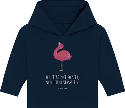 Produktbild von Mr. & Mrs. Panda Organic Baby Hoodie Flamingo Stolz 12. - 18. Monat - French Navy - Geschenk, Freundin, Freude, Selbstliebe, Rosa, Kapuzensweatshirt, Mama, Kapuzenshirt