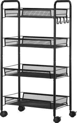 Produktbild von Rollwagen mit 4 Hängekörben, Servierwagen auf Rollen, fahrbar, abnehmbare Haken, Stahl, 45 x 26,5 x 84 cm, Schwarz