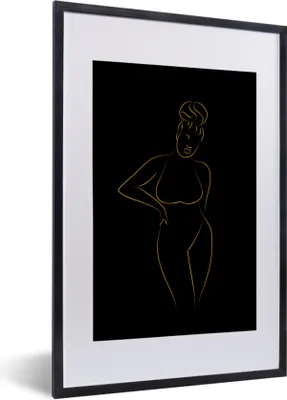 Produktbild von MuchoWow® Gerahmtes Poster Frau - Schwarz - Gold - Strichzeichnung 40x60 cm - Poster mit Schwarzem Bilderrahmen Wandposter Rahmen Foto Bilder - Poster in Rahmen