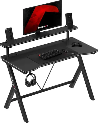 Zdjęcie produktu dla Biurko gamingowe Huzaro Hero 1.9 Black z półką - blat 120 cm - powłoka węglowa - uchwyt na słuchawki - zarządzanie kablami - stalowa konstrukcja
