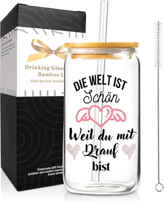 Produktbild von Trinkglas mit Deckel und Strohhalm - 500ml Fassungsvermögen - für Kaffee Tee und Eiskaffee - Transparent