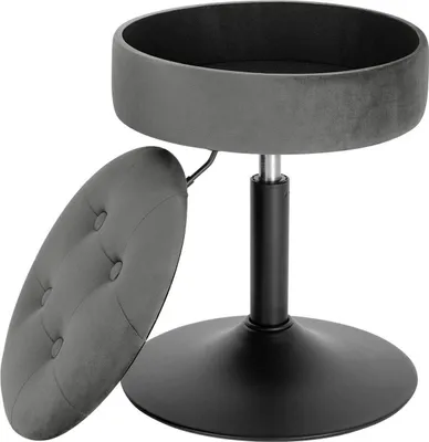Produktbild von Happyment Mini BarHocker – Grau – 1 Stück – Runder Hocker mit Stauraum – KüchenHocker – Höhenverstellbar 49–65 cm – Samt – Metal