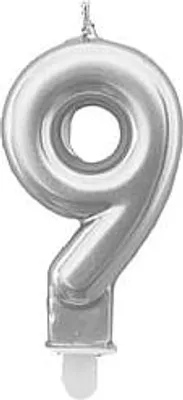 Produktbild von Silberne Zahlenkerze 9 für Geburtstag, Jubiläum & Party Deko, 7,5 cm Höhe