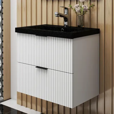 Produktbild von AICA Waschbeckenunterschrank Weiß Matt 60cm Schwarz Mineralguss Waschtisch mit Unterschrank,2 Softclose-Schubladen,geriffelte Schubladentüren