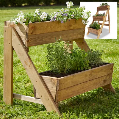 Produktbild von ONBEST Pflanztreppe Holz | 2-stöckig | mit Innenvlies | 2 x Pflanzkasten mit 44x14x19,5cm (BxHxT) | Wetterfest