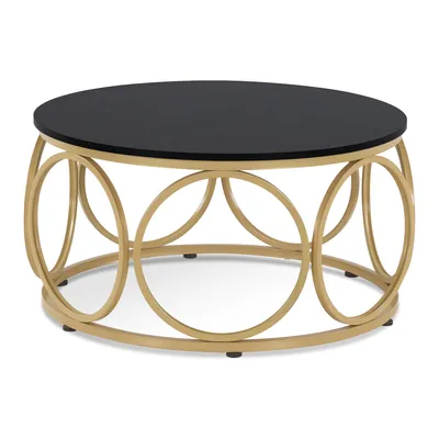 Produktbild von M MCombo Couchtisch Rund Holz, Modern Sofatisch Schwarz-Gold, Klein Kaffeetisch Metallgestell, Beistelltisch für Wohnzimmer, Durchmesser 80cm, 2102