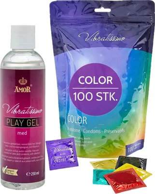 Produktbild von VIBRATISSIMO Color Kondome 53mm 100er Pack & Gleitgel Set | gefühlsecht & extra feucht | for Men | im wiederverschließbaren Beutel | bunte in rot, schwarz, grün, gelb, gold
