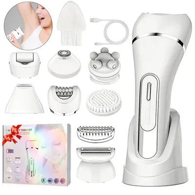 Produktbild von Damen 7-in-1 Haarentferner, Rasierer, Gesichtsrasierer, Reinigungsbürste, Gesichtsmassagegerät & Körper-Peeling, wiederaufladba, 2 Geschwindigkeiten