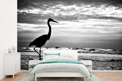 Produktbild von MuchoWow® Fototapete für Wohnzimmer oder Schlafzimmer Wandtapete Vinyl Motivtapete Ein Bild von einem Kranich am Strand - schwarz-weiß - 450x300 cm - Gemusterte