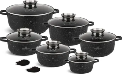 Produktbild von Schöne schwarze Töpfe 12tlg, Topfset, Suppentopf, Großer Topf, Glasdeckel, Induktion ,Steinbeschichtung (6,8L/ 4,5L/ 3,2L / 2,3L / 2,3L / 1,3L)