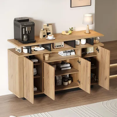 Produktbild von MODFU Sideboard Beistellschrank mit 4 Türen,Kommode Aufbewahrungsschrank mit drei offenen Fächern für Wohnzimmer, Flur oder Büro,Natur