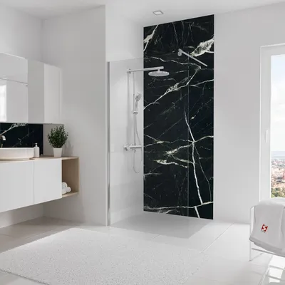Produktbild von Schulte Duschrückwand Softtouch, 100 x 255 cm, Stein Marmor-Schwarz-Smaragd, Aluminiumverbundplatte, fugenloser Fliesenersatz