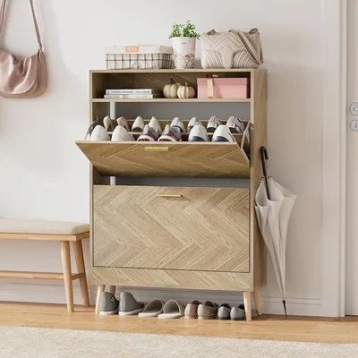Imagen del producto de Zapatero con 2 puertas, estante para zapatos, diseño estrecho, almacenamiento de zapatos de madera, separador ajustable, aparador para 8-16 pares de zapatos, ideal para pasillos o entradas, dimensiones: 24 x 80 x 115 cm