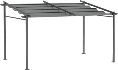 Image de Outsunny Pergola jardin extérieur pergola 4x3 adossée avec toile coulissante rétractable structure acier toile polyester haute densité 180 g/m² incluse gris