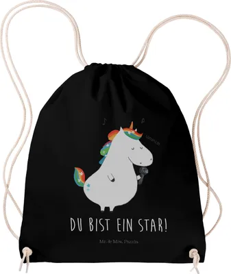 Produktbild von Mr. & Mrs. Panda Jutebeutel Einhorn Sänger - Schwarz - Geschenk, Geburtstag, Turnbeutel, Unicorn, Freundin, sporttasche klein, Kleiner Rucksack, Disco, Fest, wander