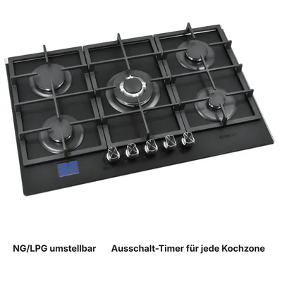 Image de Table de cuisson à gaz 5 feux, table de cuisson à gaz 60 cm, MINUTERIE NUMÉRIQUE D'ARRÊT DU GAZ, GPL/GN, arrêt de sécurité automatique, autonome