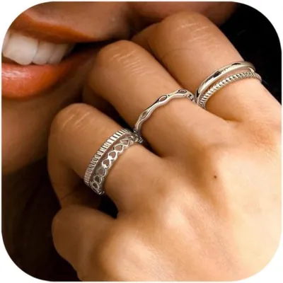 Productafbeelding van Set van 5 damesringen, verstelbaar, 14K verguld, minimalistisch design, geschikt om te combineren, open model, zilver/goud