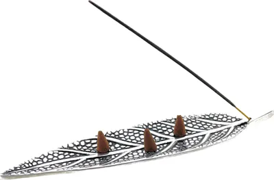 Image de Porte-encens Premium avec motif de feuilles en métal, 27 x 5,5 x 8 mm
