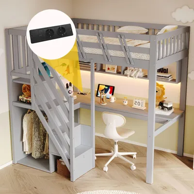 Obrázek produktu pro Postel na spaní a práci 90x200 cm se stolem a USB zásuvkou, dětská postel, jednolůžko s LED osvětlením, palanda, postel pro mládež se zásuvkami, šedá palanda