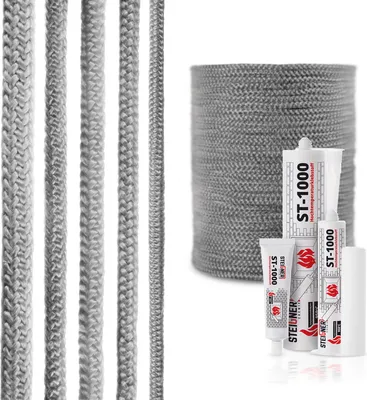 Produktbild von STEIGNER Ofendichtschnur Kamindichtung aus GLASFASERN, hitzebeständig bis 550°C, inkl. feuerfestem Montagekleber, Dunkelgrau, 2m, 14mm, SKD02
