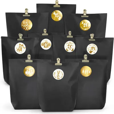 DIY-Adventskalender, 24 schwarze Kraftpapiertüten, goldene Zahlenaufkleber