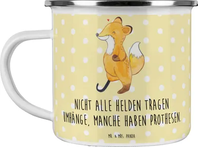 Produktbild von Mr. & Mrs. Panda Teetasse Fuchs Beinprothese - Gelb Pastell - Geschenk, Emaille Becher, Tasse, Beimamputation, Haferl, Amputation, Pott