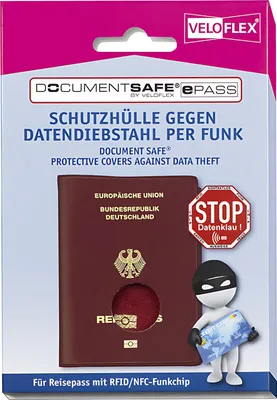The image shows the packaging of a passport cover designed to protect against data theft.