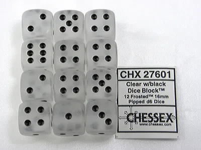 Image de Chessex Frosted Klar/schwarz D6 16mm Würfel Set 12 pieces